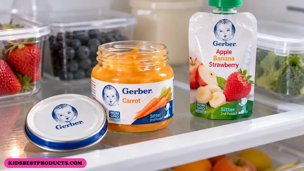 An opened Gerber jar with a date written on the lid, next to a pouch, on a fridge shelf.