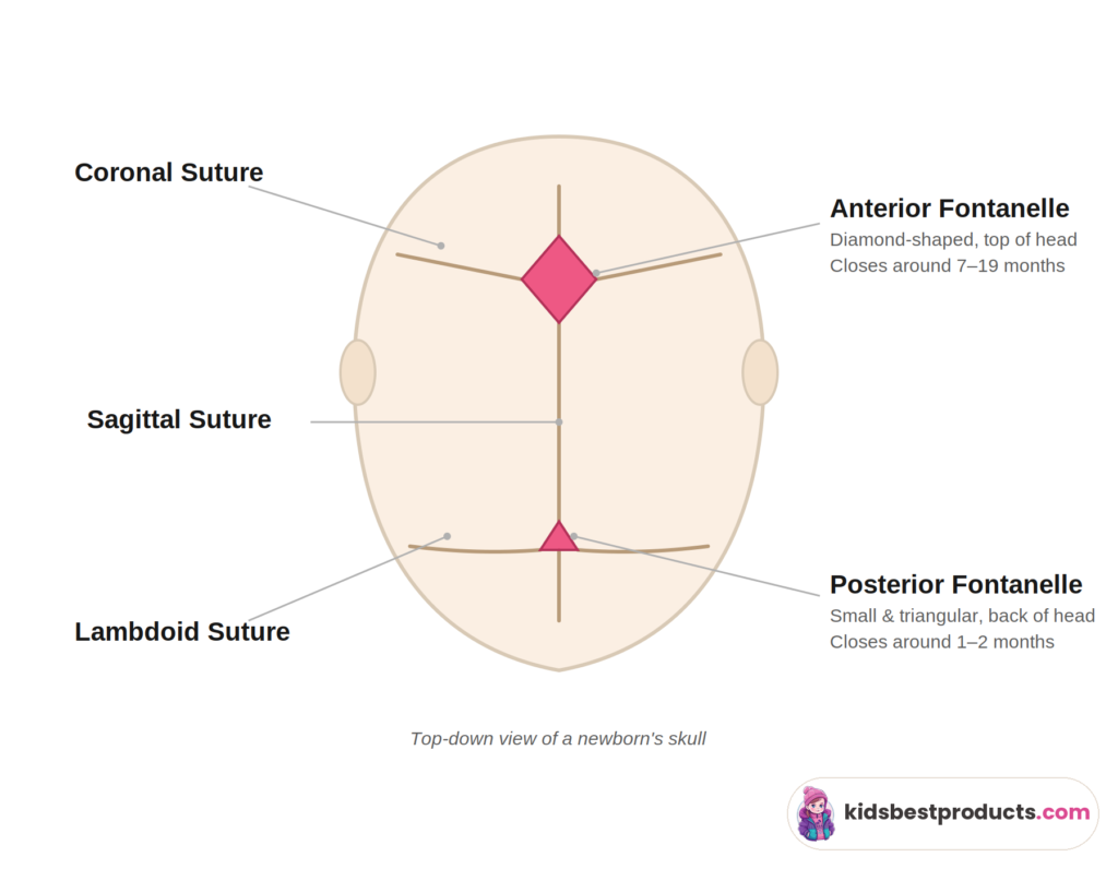 Diagram showing the location of a baby's anterior and posterior soft spots (fontanelles) on the skull