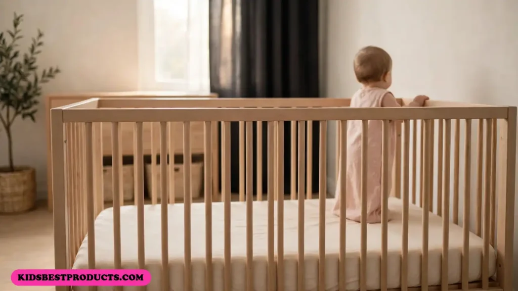 10 month sleep regression, shown by a baby standing and cruising along the side of a bare crib in early morning light