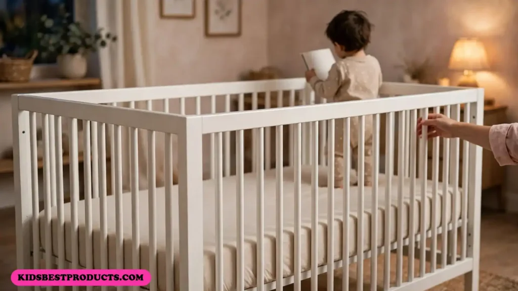18 month sleep regression, shown by a toddler standing in a crib at bedtime holding a book and shaking their head
