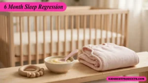 Teething ring, baby puree and sleep sack on a nursery shelf
