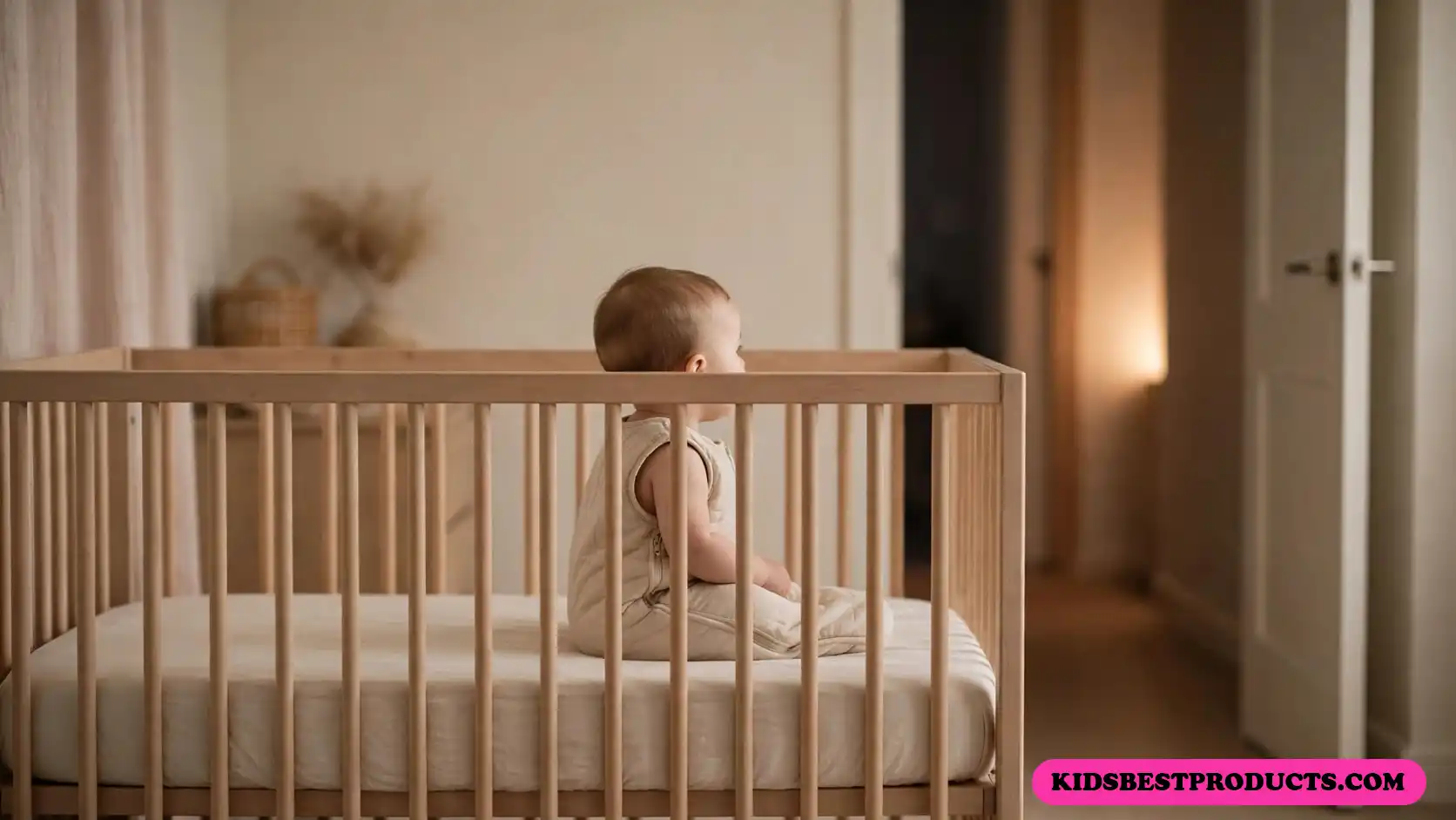 6 month sleep regression, shown by a baby sitting up in a bare crib at night in a sleep sack