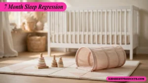 Play mat with crawling toys in front of a bare crib