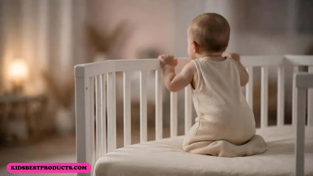 7 month sleep regression, shown by a baby kneeling up in a bare crib at night holding the rail