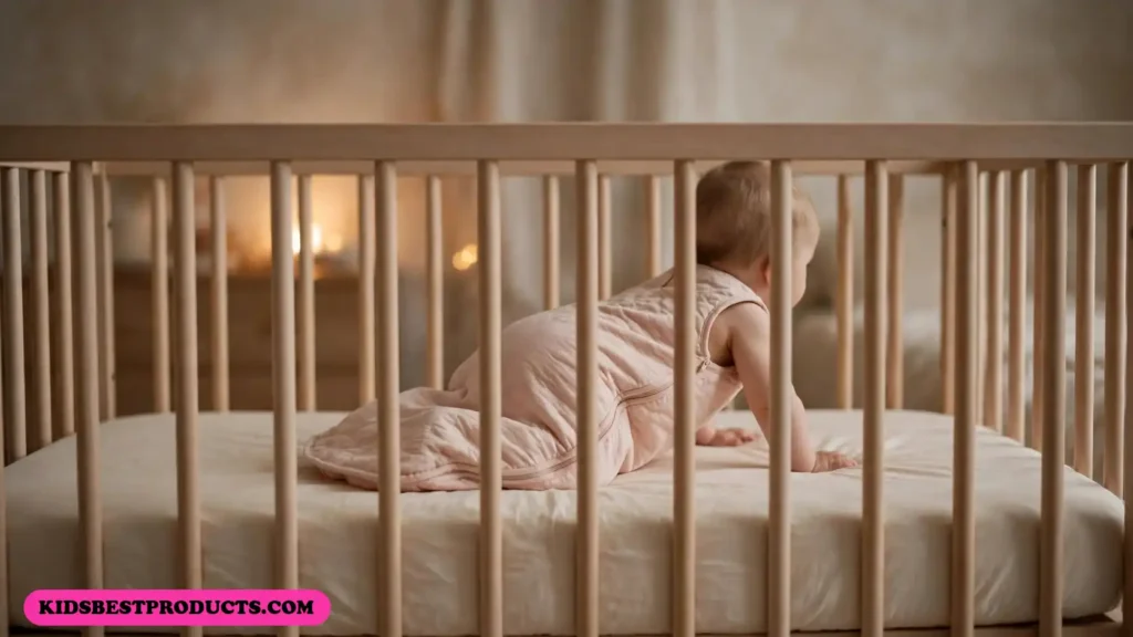 8 month sleep regression, shown by a baby crawling in a bare crib at night in a sleep sack
