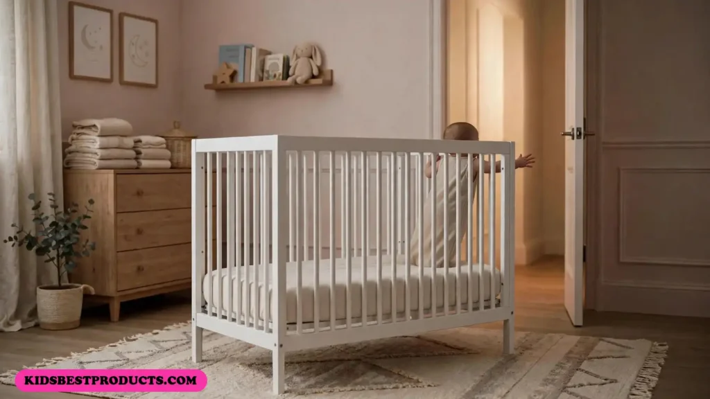 9 month sleep regression, shown by a baby standing in a bare crib at night reaching toward the door