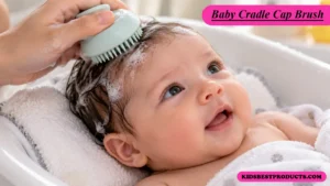 Parent gently using a soft silicone cradle cap brush on a baby's scalp during bath time