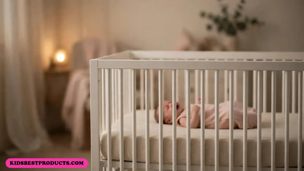 Baby crying in sleep with eyes closed in a bare crib, lit by a soft night light