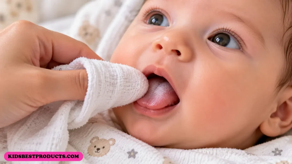 A parent gently wiping a newborn baby’s tongue with a clean, damp muslin cloth.