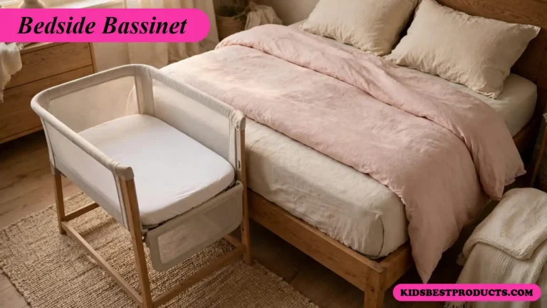 Best bedside bassinet with its side lowered, pushed flush against a parent's bed