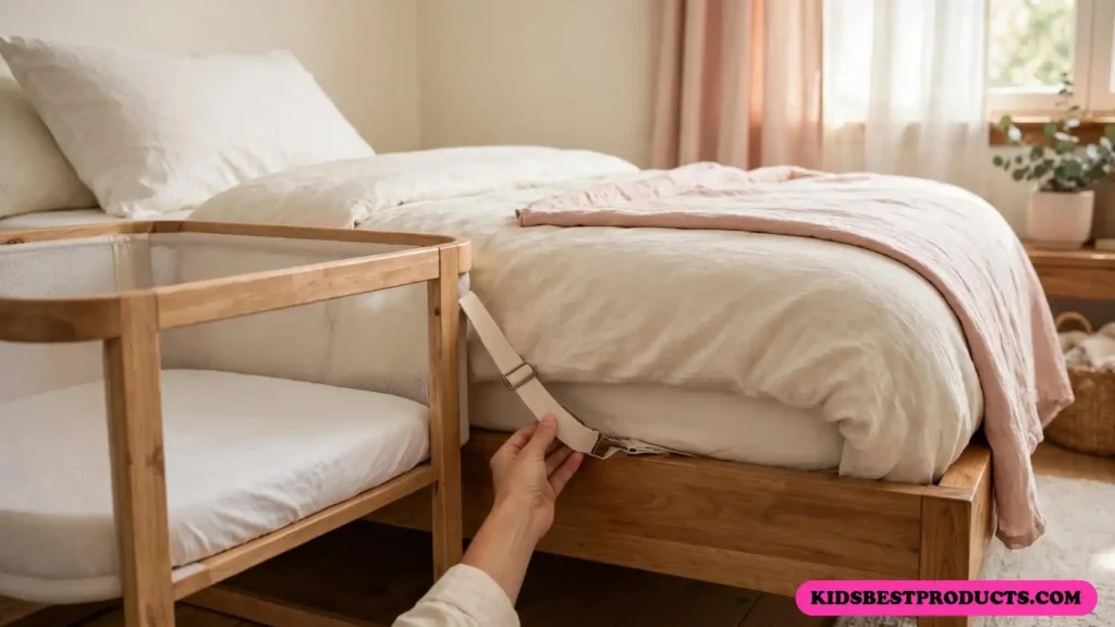 Tightening the strap that secures a bedside bassinet to the bed frame