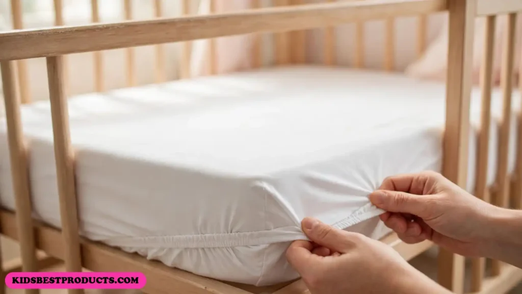 Tugging the corner of a fitted crib sheet to check that it fits snugly