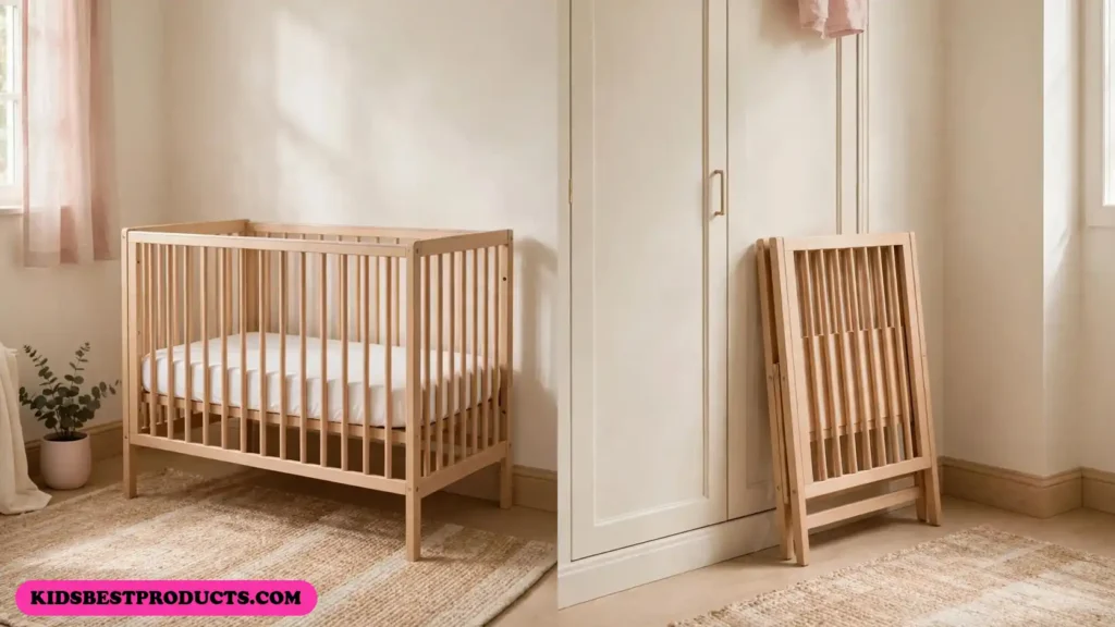 Foldable mini crib shown open in a nursery and folded flat against a wall
