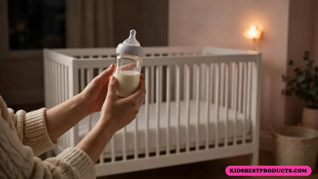 What is a dream feed, shown by a parent's arms holding a bottle in a dim nursery beside a bare crib at night