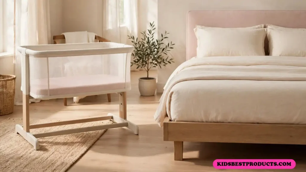 Can babies sleep on their side, shown by an empty bassinet with a fitted sheet beside a parent's bed