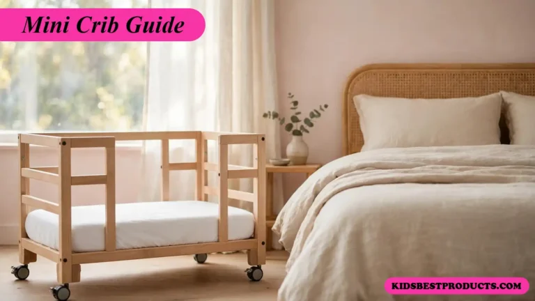 Mini crib with wheels next to a parent's bed in a small bedroom