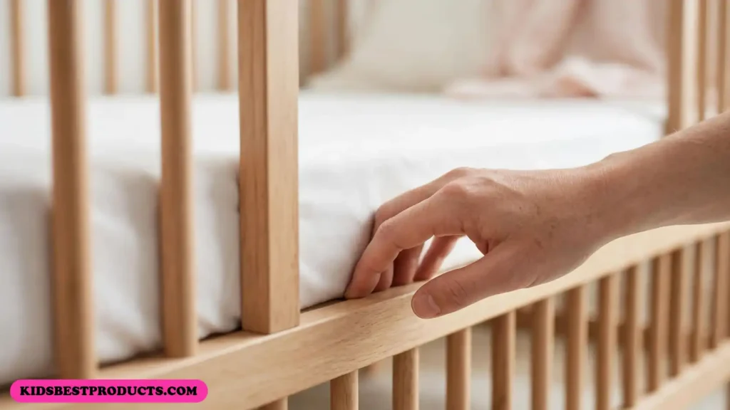 Parent doing the two-finger test to check the mattress fit in a mini crib
