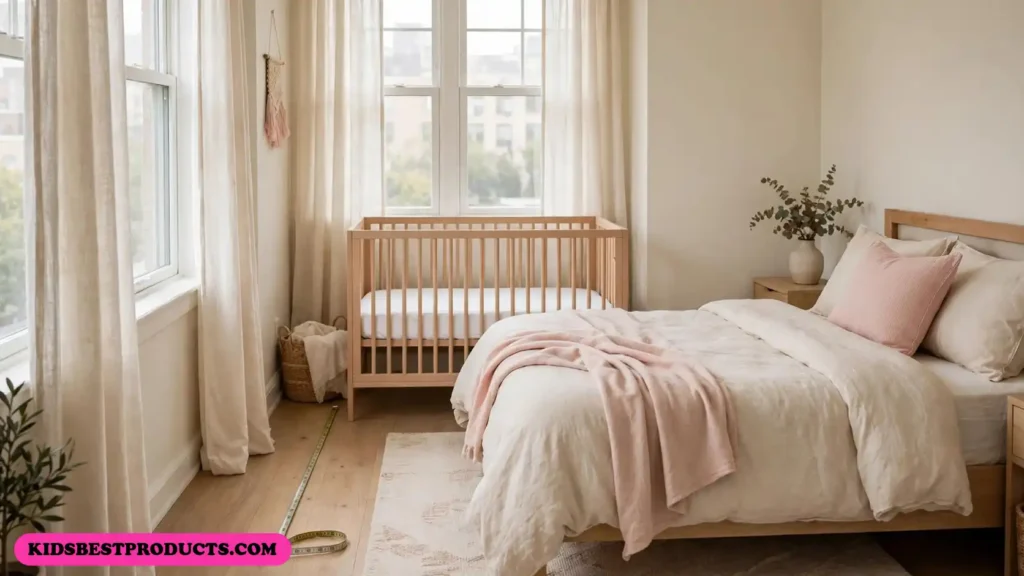 Mini crib fitted into a small bedroom nook with space measured on the floor