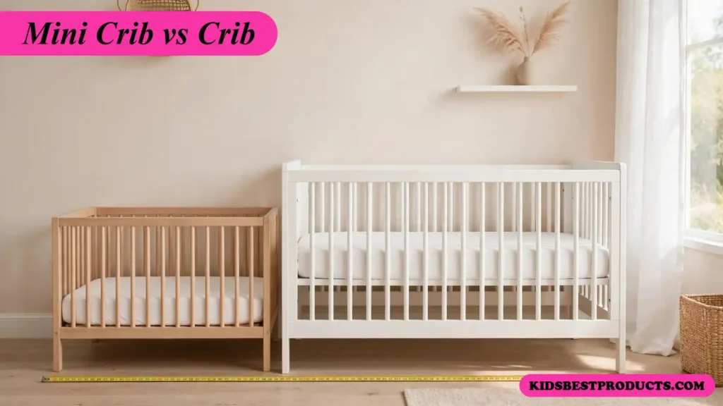 Mini crib vs crib side by side in a nursery, showing the difference in size