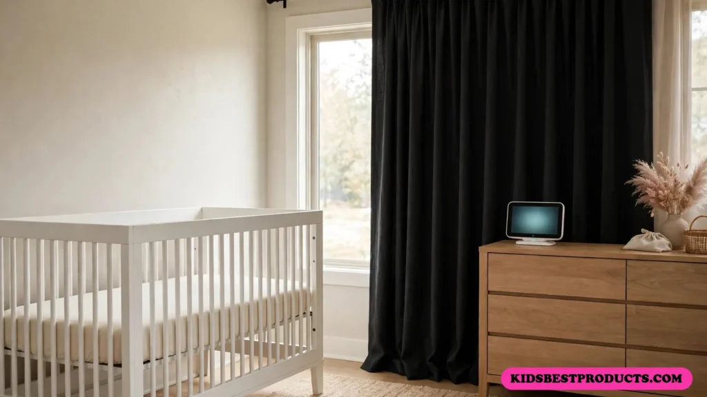 When to move baby to own room, shown by a bare crib with a fitted sheet in a calm nursery with a video monitor on the dresser