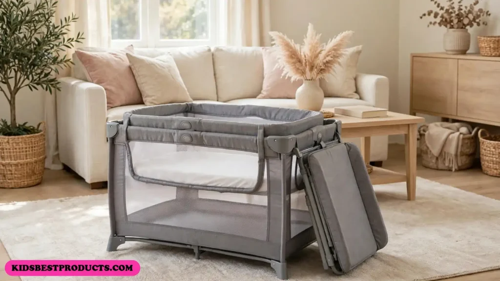 Pack and play with a bassinet insert and changing table in a living room