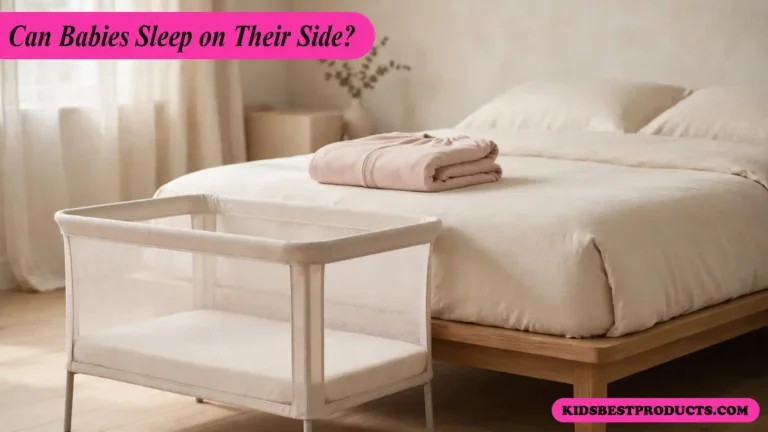Empty bedside bassinet with a fitted sheet placed flush against a parent's bed