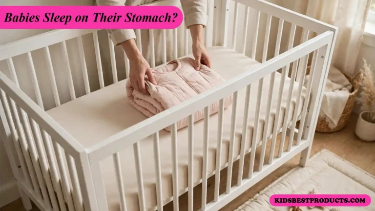 When can babies sleep on their stomach, shown by a parent placing a sleep sack in a bare crib with a tummy time mat nearby