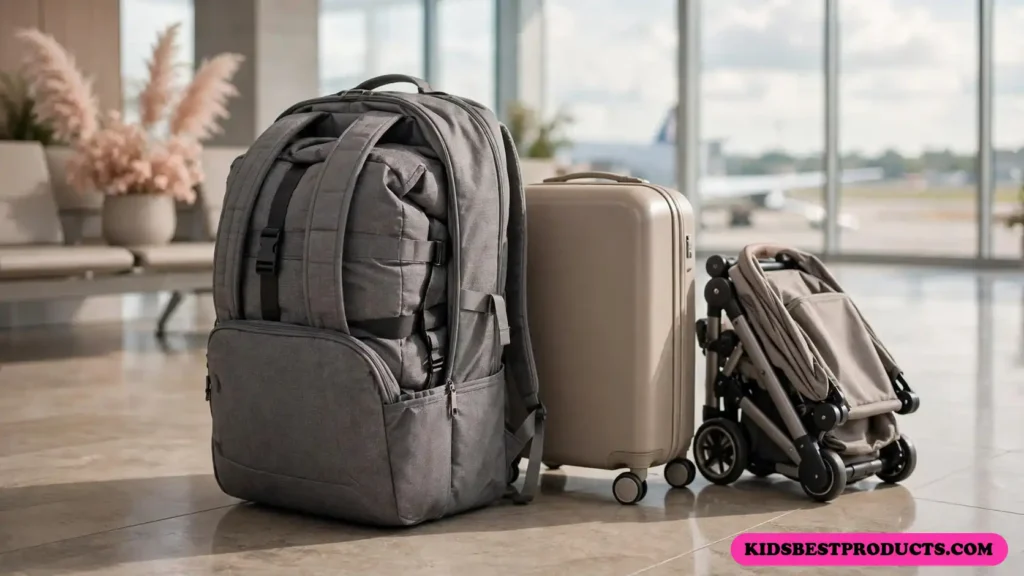 Folded travel crib in a backpack bag next to a carry-on suitcase at the airpor